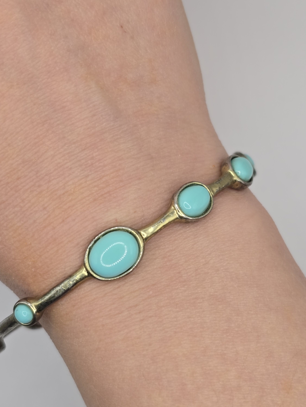 Turquoise Cabochon Silver-Tone/Worn Bracelet See Photos